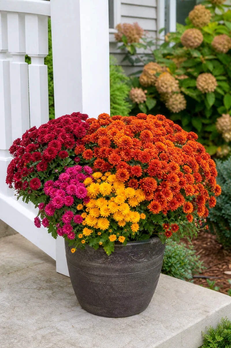 Multicolor Mum Container Burgundy, orange, yellow, and pink mums planted together in one container