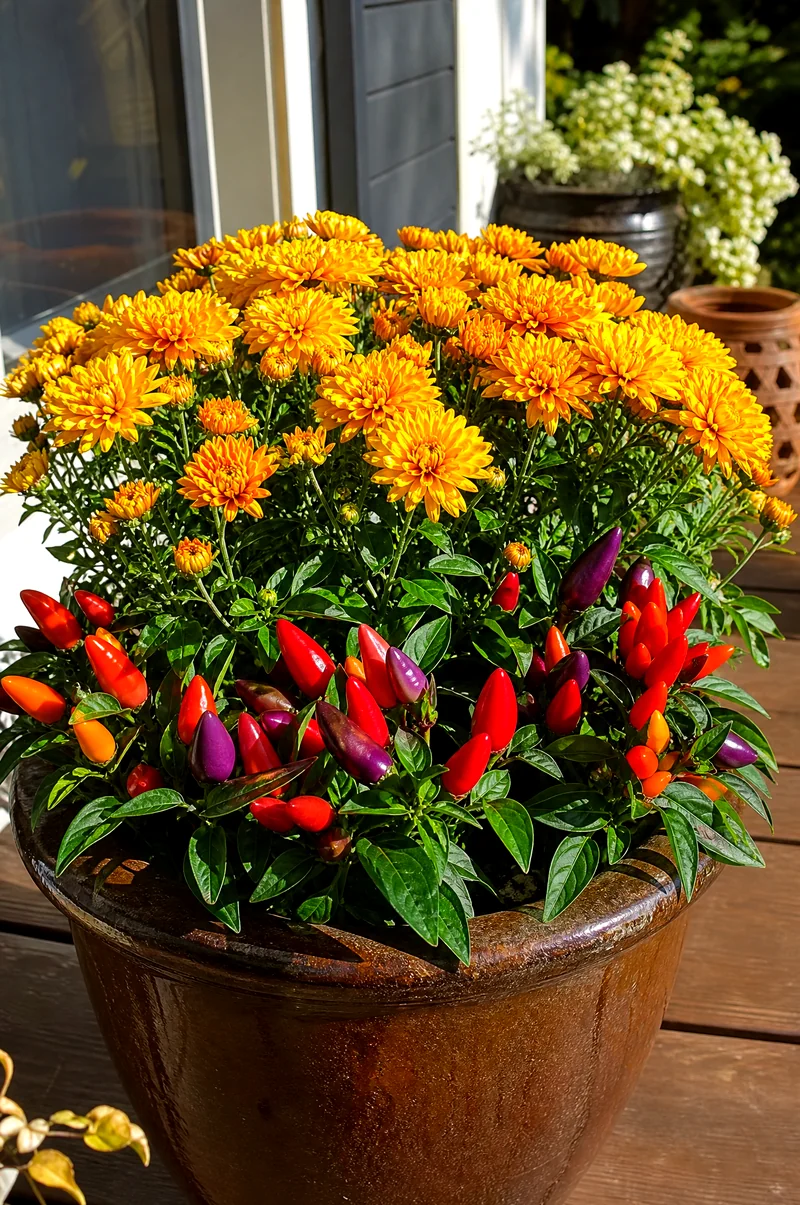 Golden Mum and Ornamental Pepper Planter Golden mums with red, orange, and purple ornamental peppers in a sunny planter