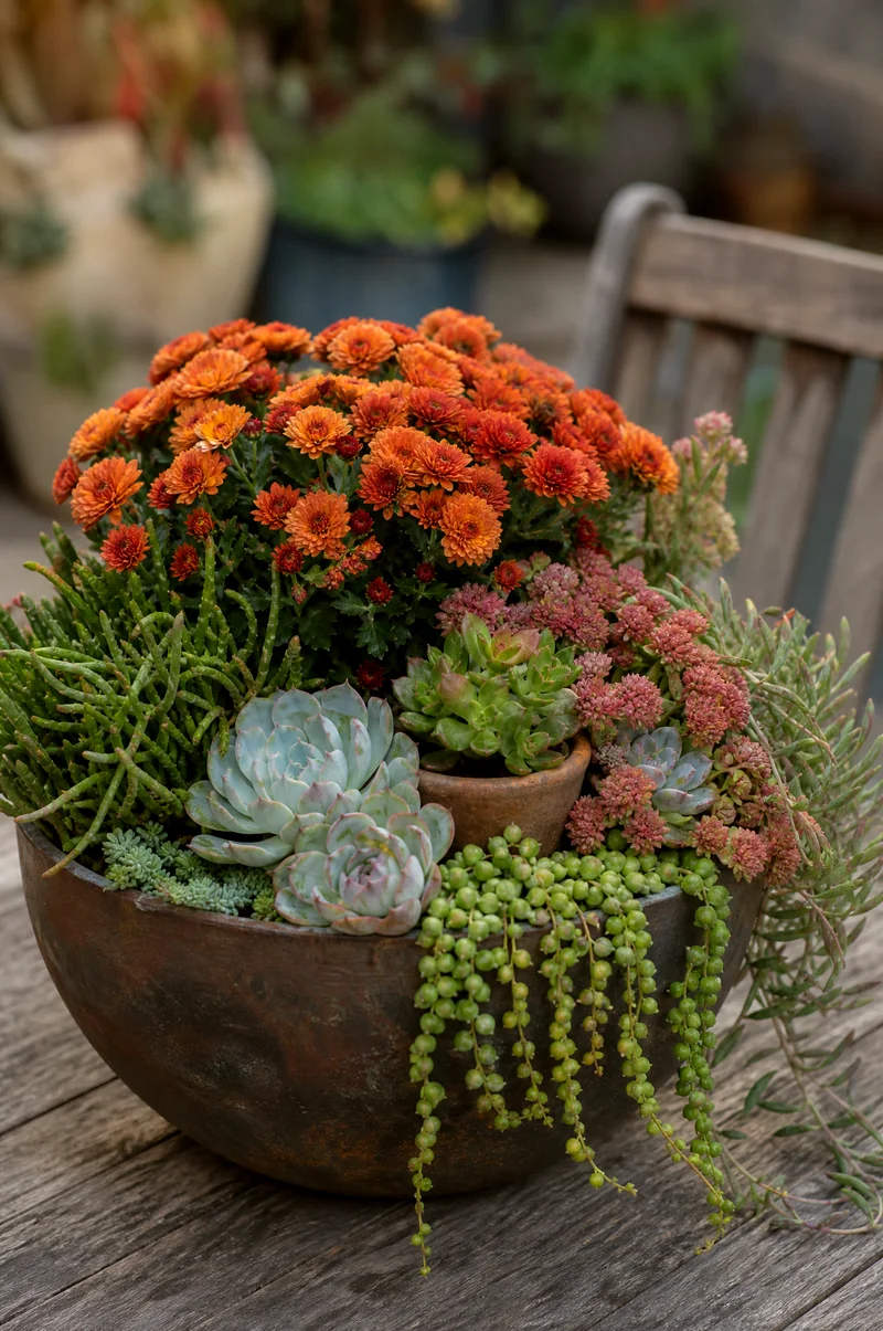 Mum and Succulent Fall Planter Bronze mums with sedum, echeveria, and trailing succulents in a textural planter