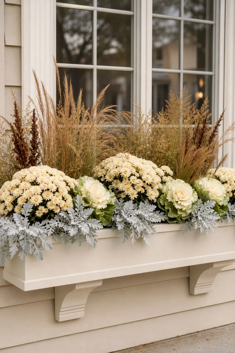 Neutral Cream Window Box Cream mums, white ornamental cabbage, silver foliage, and dried grasses in a neutral window box