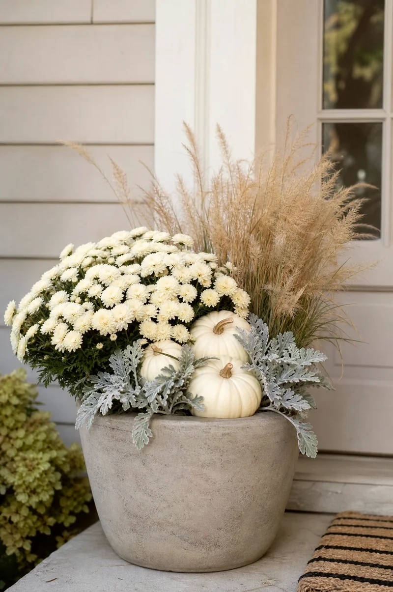 Neutral Harvest Fall Container Cream mums, white pumpkins, beige grasses, and silver foliage in a neutral porch planter