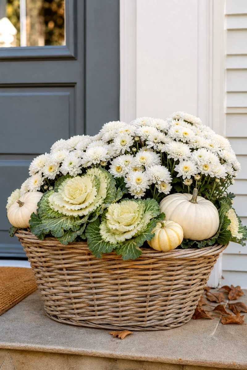 White chrysanthemums, cream kale, and pale pumpkins arranged in a wicker basket