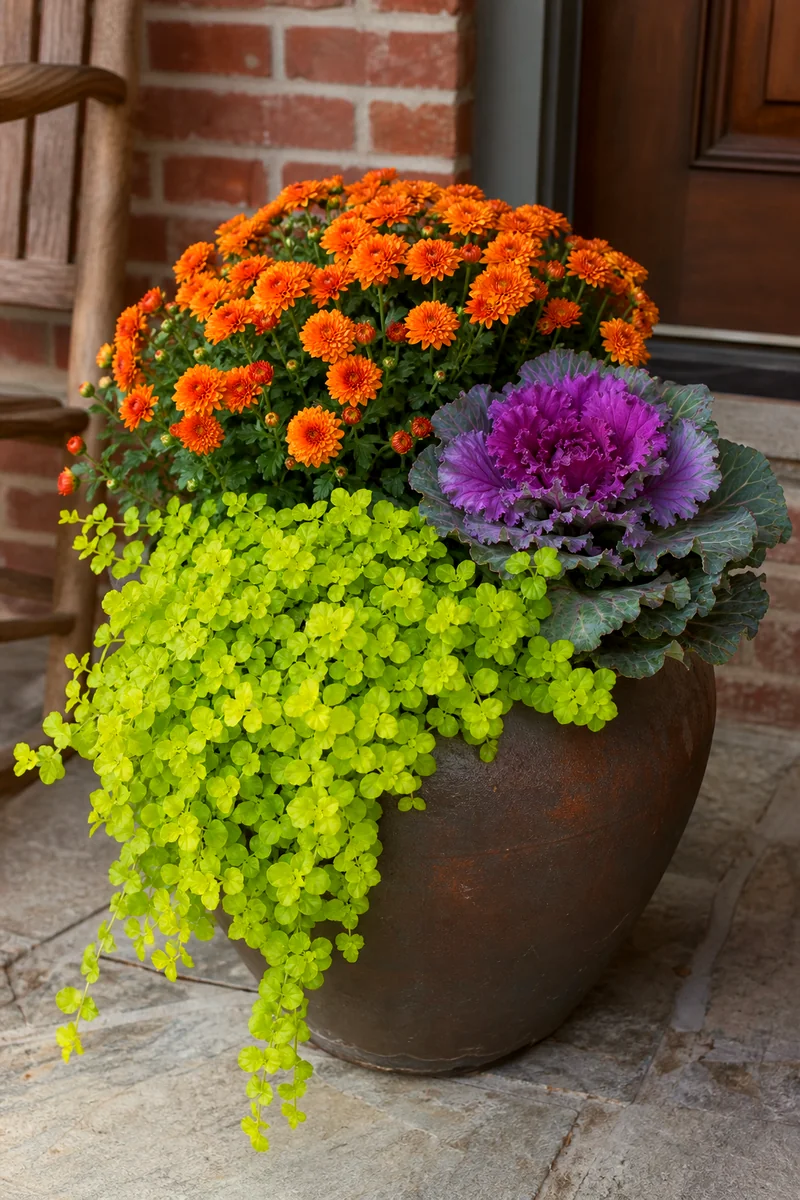 Orange chrysanthemums with purple ornamental cabbage and creeping Jenny in a fall pot