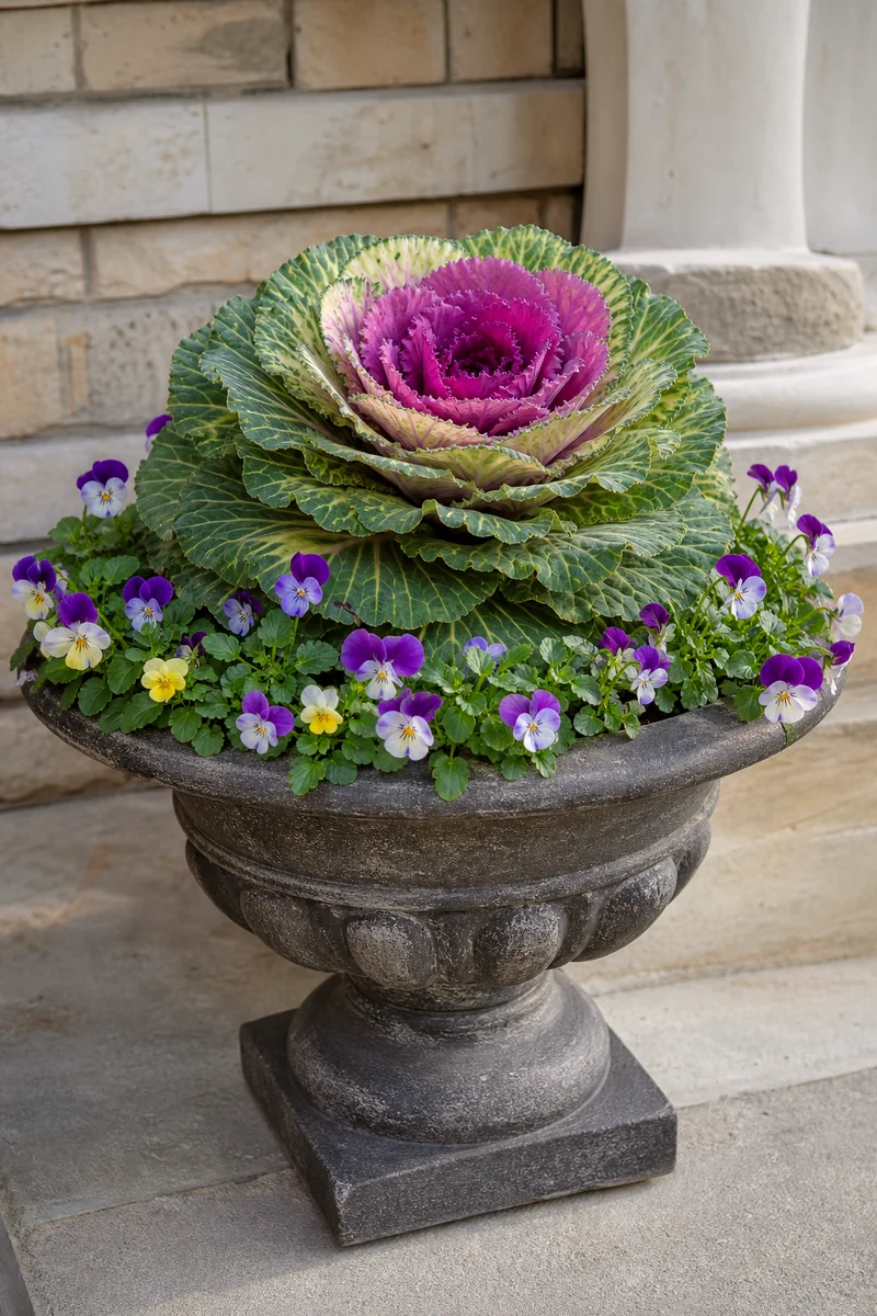 Ornamental Cabbage Rosette in a Porch Pot Compact ornamental cabbage rosette with cream and purple leaves in a porch urn