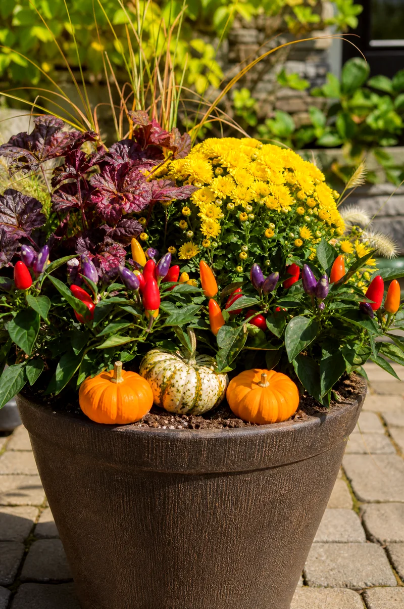 Ornamental Pepper Fall Container Colorful ornamental peppers with yellow mums, dark foliage, and small pumpkins in a fall planter