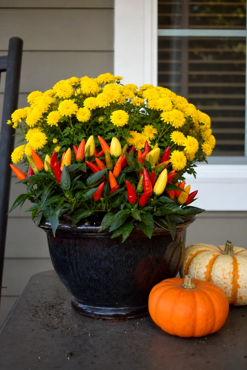 Colorful ornamental peppers with yellow mums and mini pumpkins in a dark ceramic pot