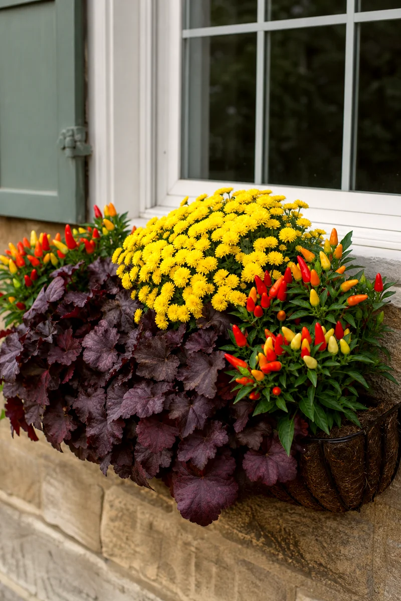Ornamental Pepper Window Box Colorful ornamental peppers, yellow mums, and dark foliage in a fall window box