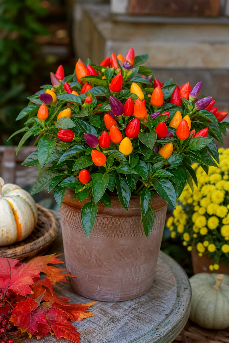 Ornamental Peppers With Bright Seasonal Fruit Compact ornamental pepper plant with red, orange, yellow, and purple fruits in a patio container