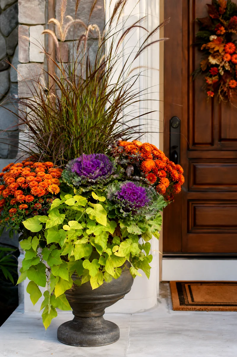 Oversized Front Door Mum Planter Large entry planter with tall grasses, orange mums, kale, and sweet potato vine