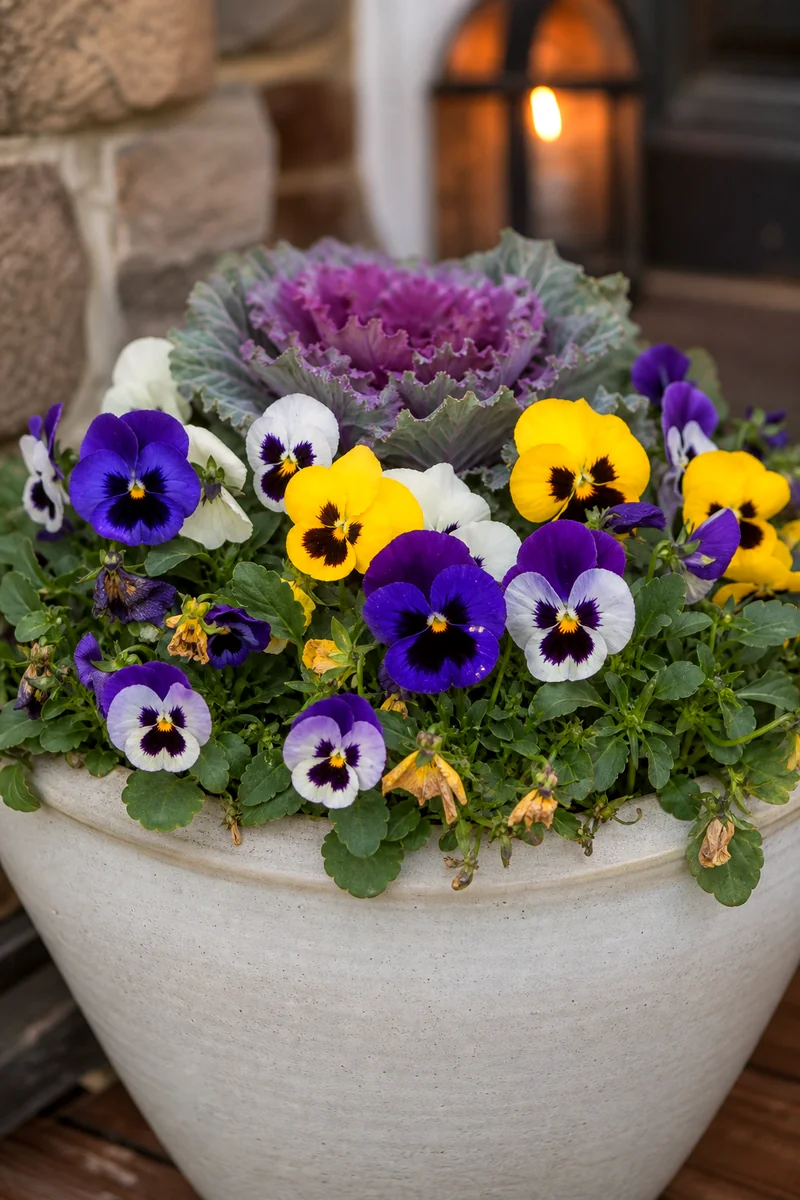Pansies Filling a Cool-Season Planter Purple, yellow, and white pansies blooming around ornamental kale in a fall container