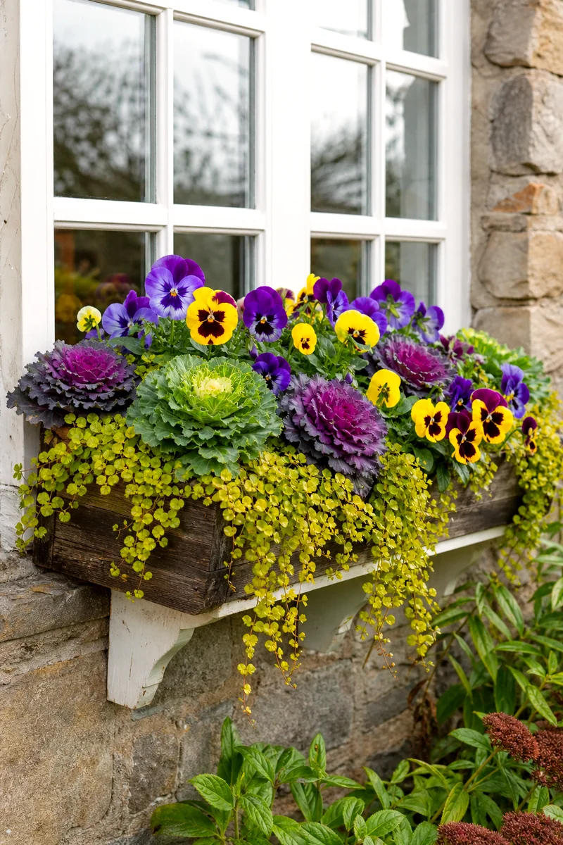 Pansy and Kale Window Box Purple and yellow pansies with ornamental kale and trailing creeping Jenny in a window box