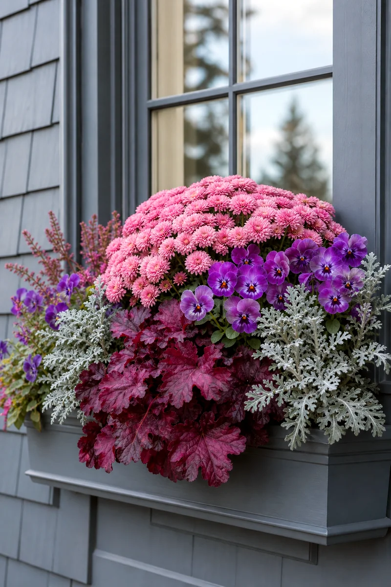 Pink and Purple Autumn Window Box Dusty pink mums, purple violas, burgundy heuchera, and silver dusty miller in a fall window box