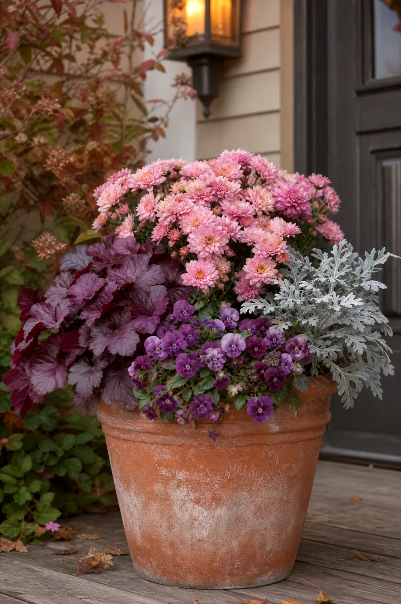Pink and Purple Fall Container Dusty pink mums, purple violas, burgundy heuchera, and silver foliage in a fall pot