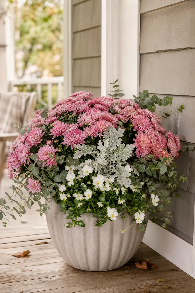 Pink and Silver Mum Planter Dusty-pink mums with dusty miller, white violas, and eucalyptus