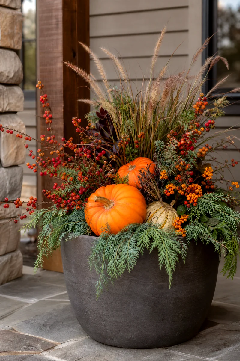 Pumpkin and Berry Branch Planter Pumpkins with berry branches, evergreen foliage, and ornamental grasses in a fall planter