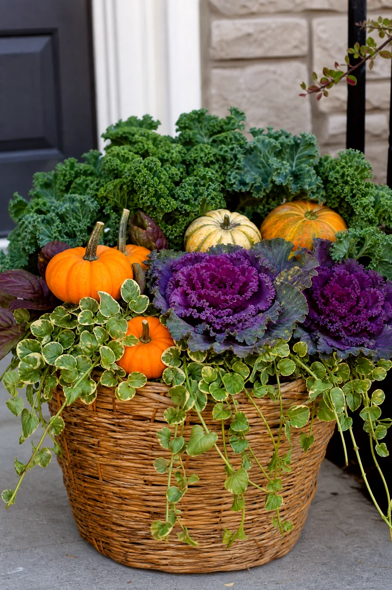 Pumpkin and Cabbage Basket Planter Mini pumpkins with purple ornamental cabbage, green kale, and trailing foliage in a woven basket planter