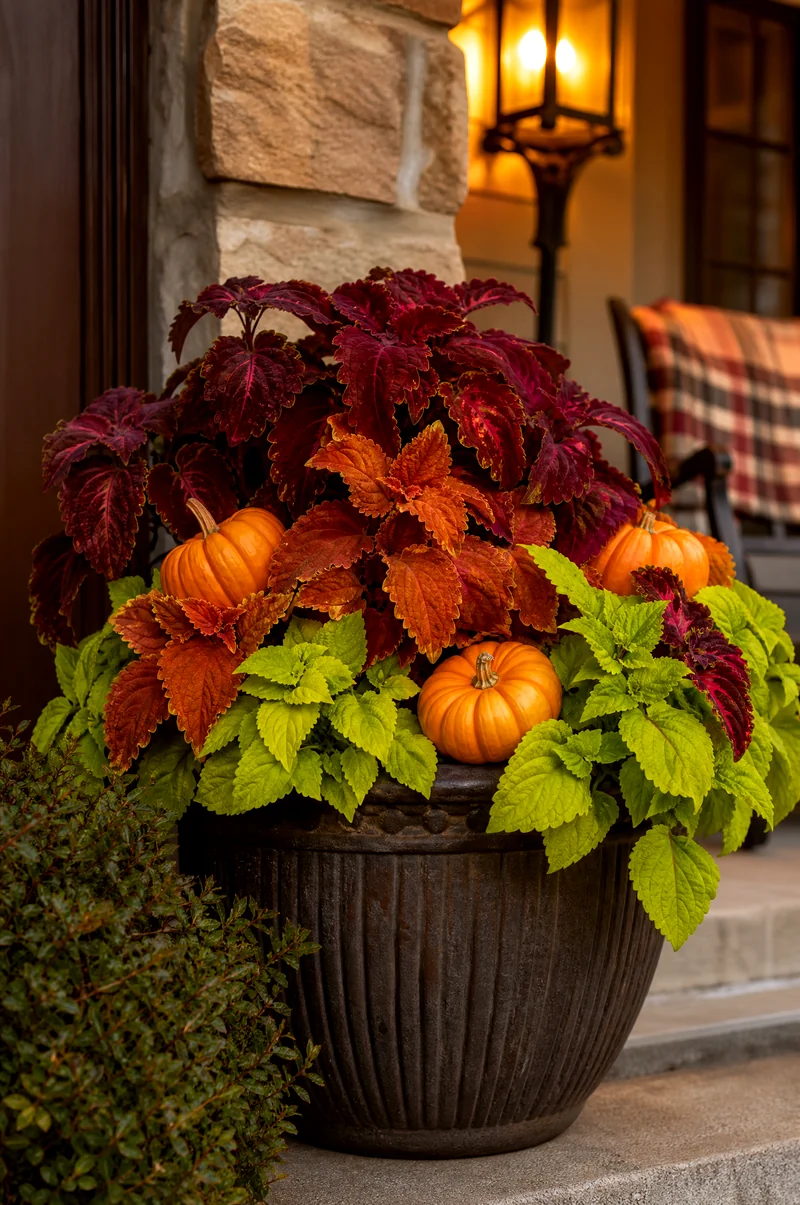 Pumpkin and Coleus Planter Mini pumpkins surrounded by burgundy, copper, and chartreuse coleus in a fall planter