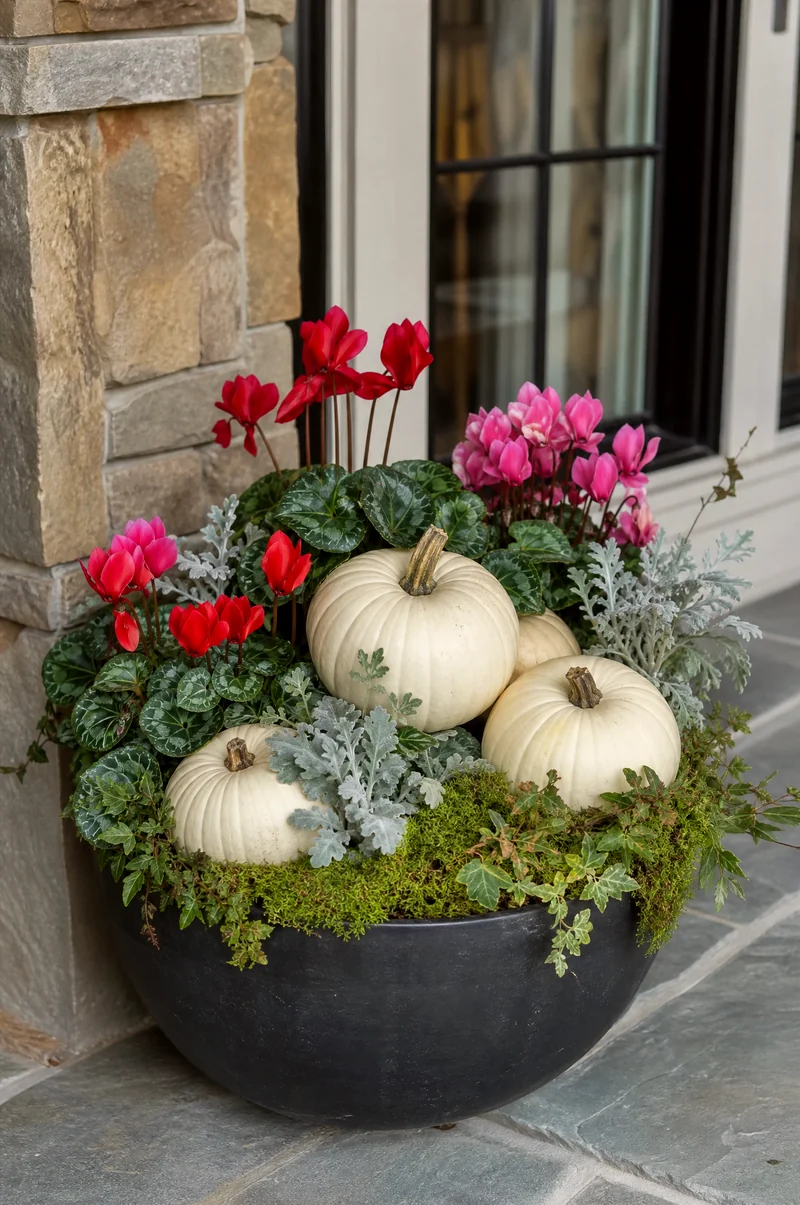 Pumpkin and Cyclamen Planter White pumpkins with pink cyclamen, silver foliage, and moss in a covered porch planter