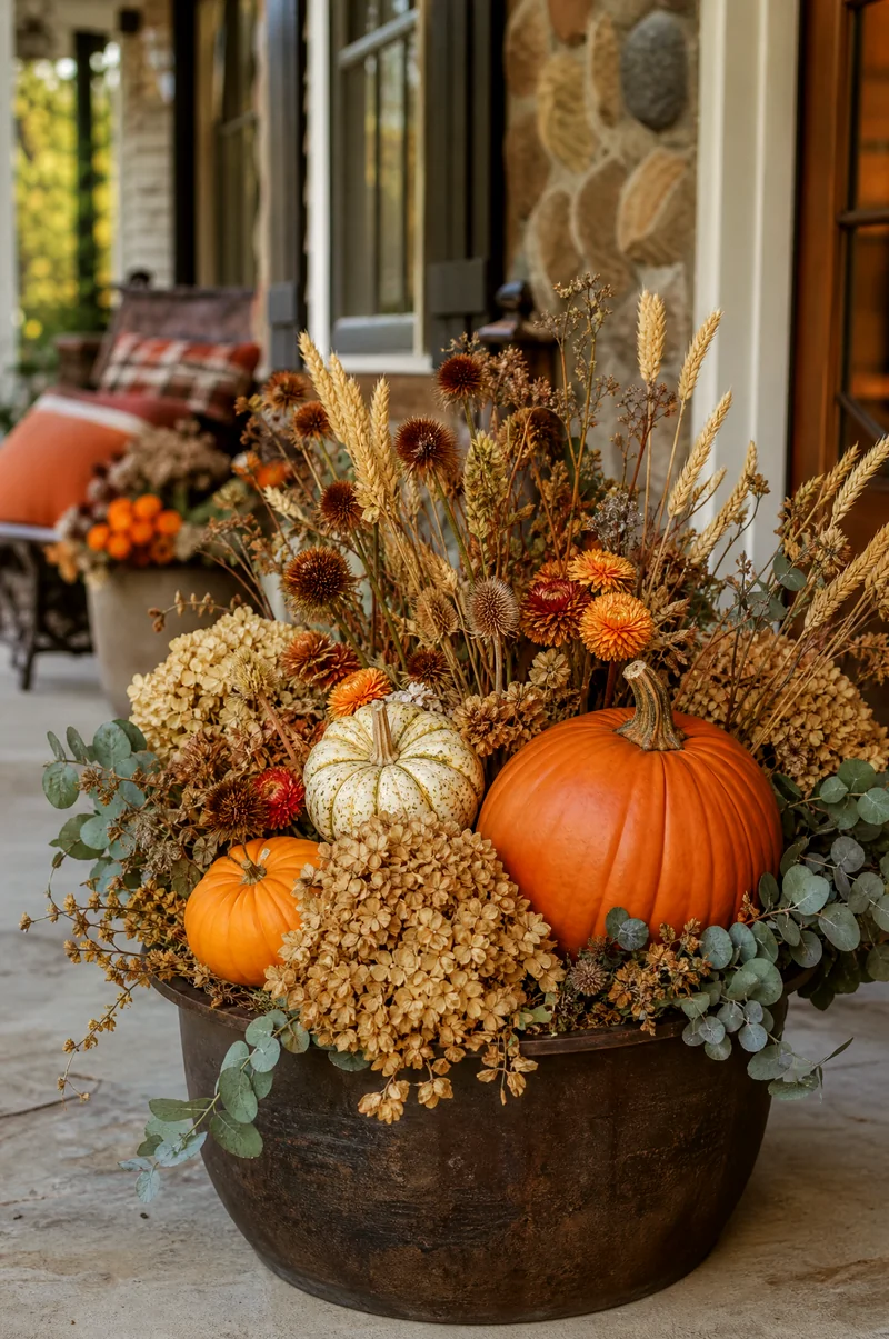 Pumpkin and Dried Flower Planter Pumpkins with dried hydrangeas, strawflowers, wheat, seed heads, and eucalyptus in a harvest planter
