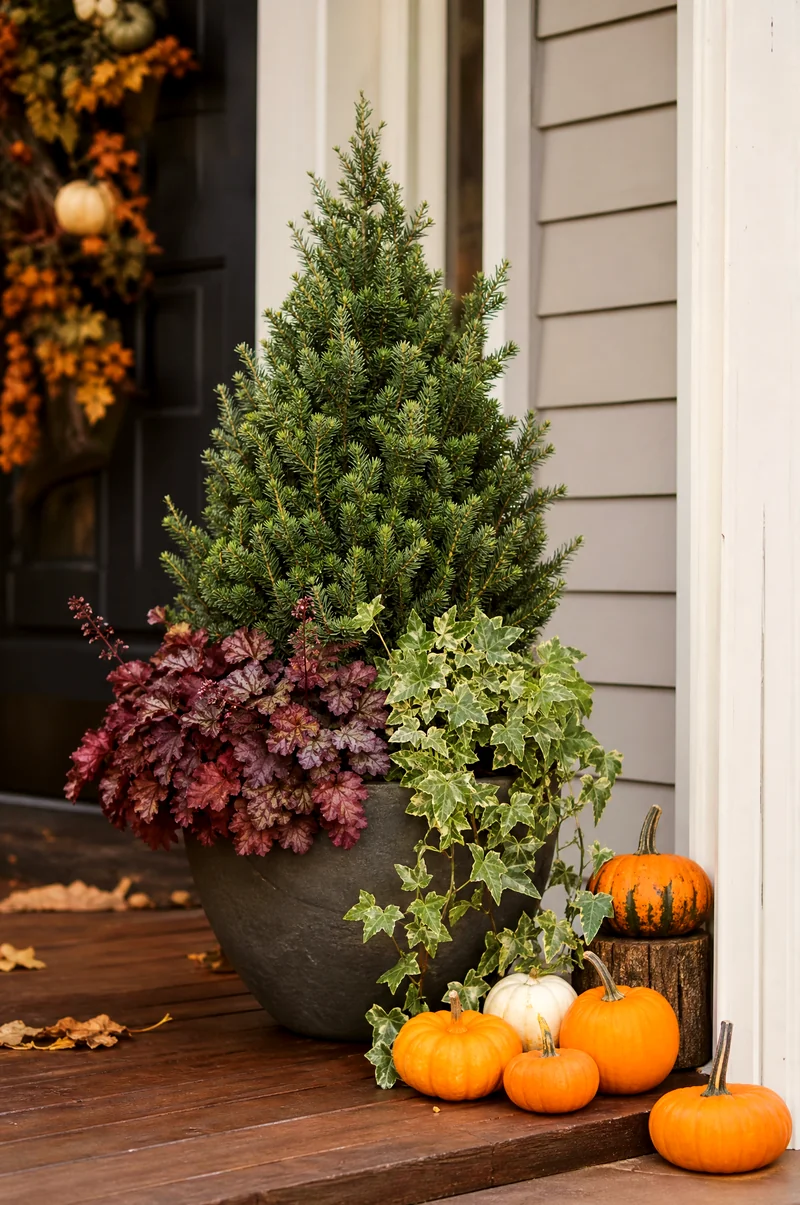 Pumpkin and Dwarf Conifer Planter Dwarf conifer surrounded by mini pumpkins, heuchera, and ivy in a roomy porch planter