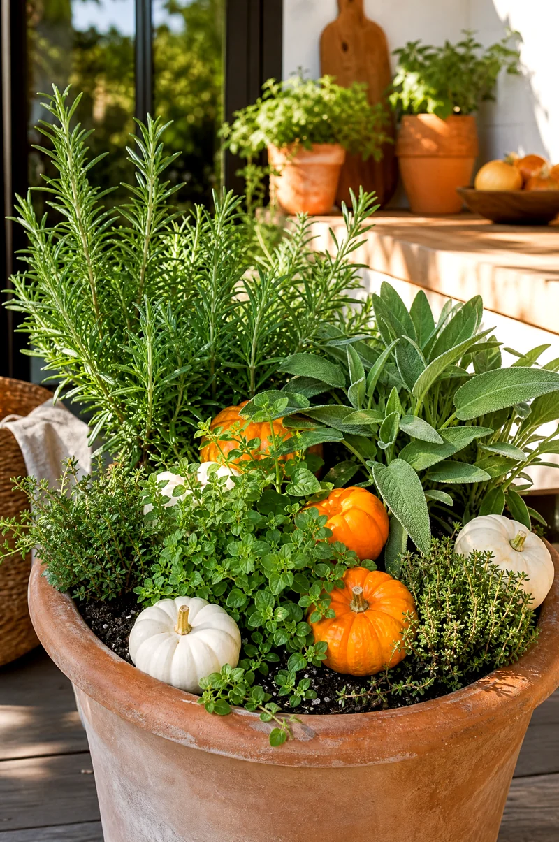 Pumpkin and Evergreen Herb Planter Rosemary, sage, thyme, and oregano with white and orange mini pumpkins in a sunny herb planter