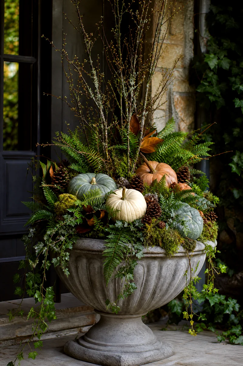 Pumpkin and Fern Woodland Urn Stone urn with pumpkins, ferns, moss, ivy, pinecones, and branches in a woodland-style display