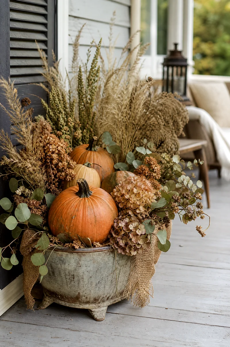 Pumpkin and Hydrangea Planter Pumpkins with dried hydrangea blooms, eucalyptus, and grasses in a covered porch planter