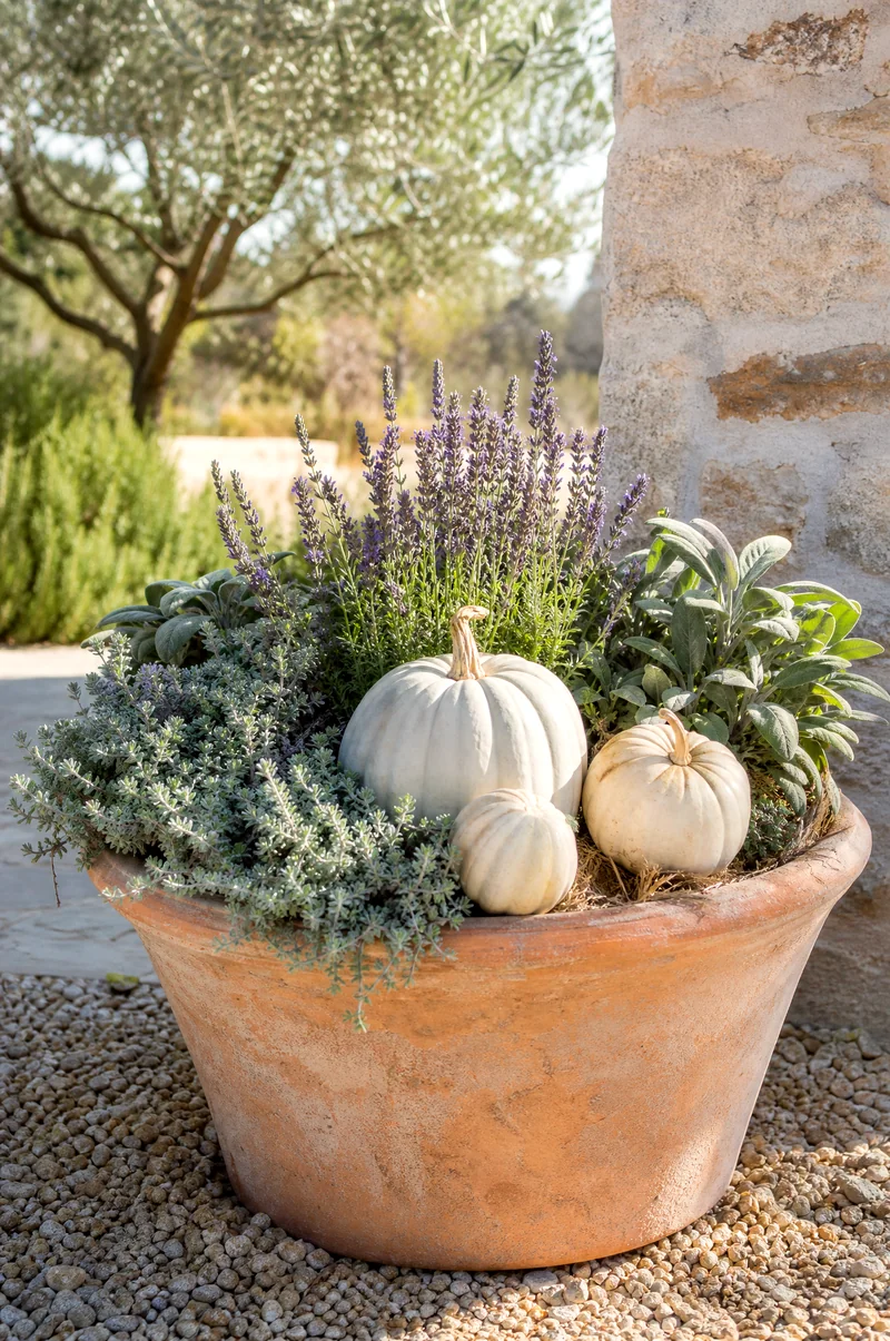 Pumpkin and Lavender Planter Pale pumpkins with lavender, sage, and silver foliage in a sunny terracotta planter