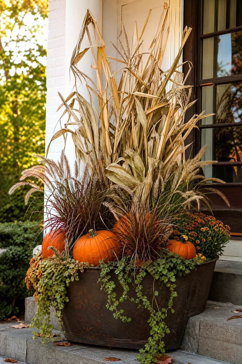 Pumpkin and Ornamental Corn Planter Dried ornamental corn stalks behind orange pumpkins, grasses, and trailing greenery in a heavy planter