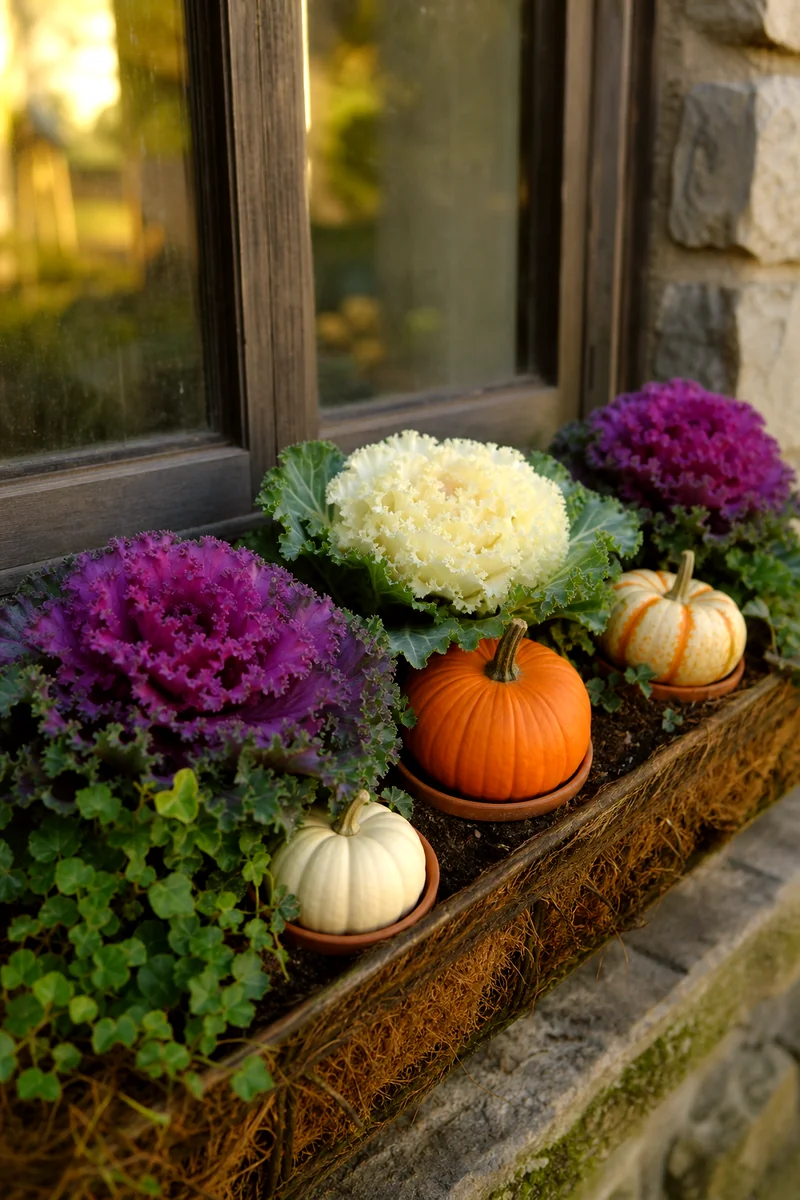 Pumpkin and Ornamental Kale Window Box Purple ornamental kale, white cabbage, and mini pumpkins arranged in a window box