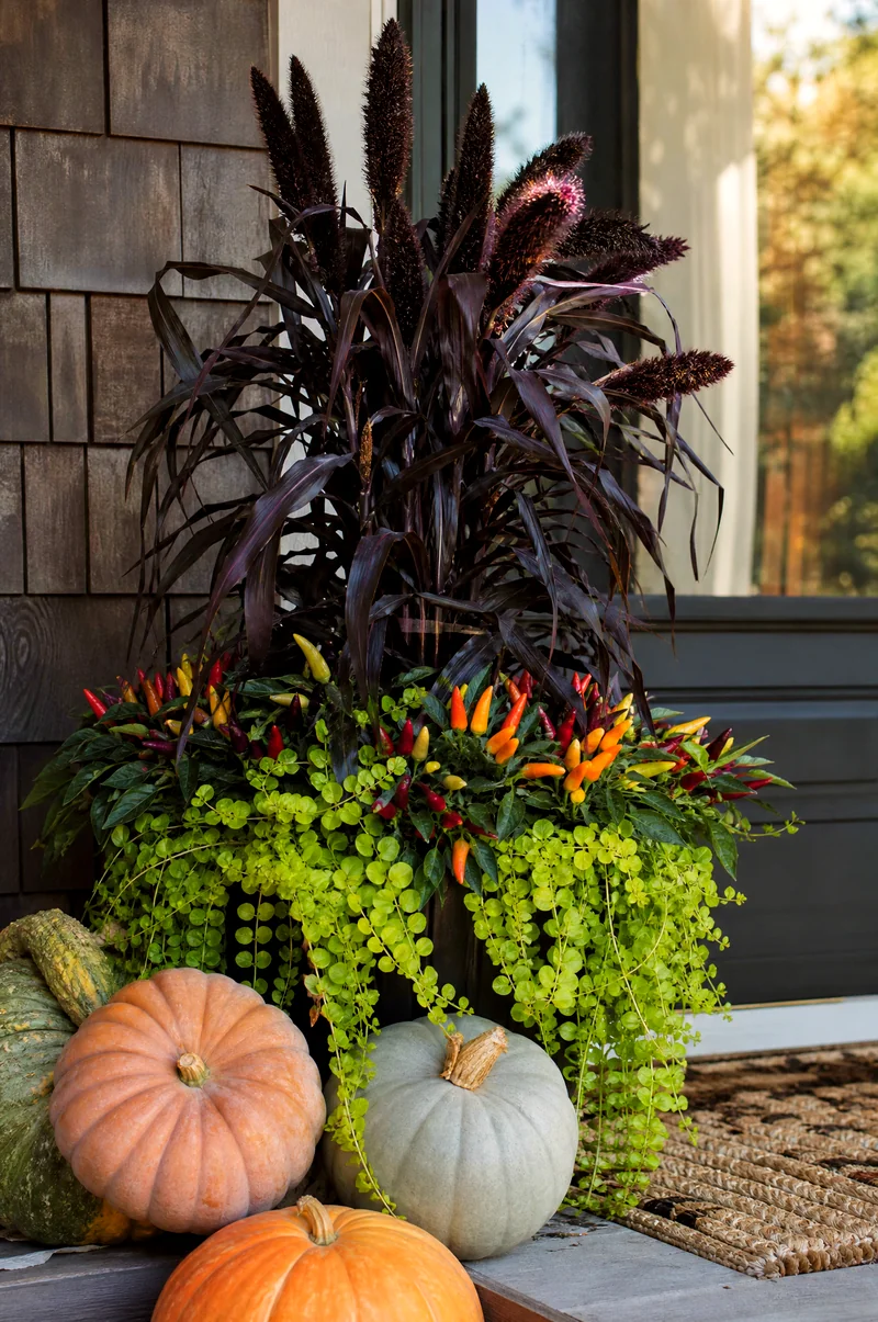 Pumpkin and Ornamental Millet Planter Dark ornamental millet with pumpkins, ornamental peppers, and lime-green trailing foliage in a planter