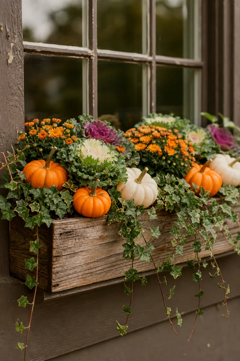 Pumpkin Patch Window Box Mini pumpkins arranged among ivy, mums, and ornamental cabbage in a window box