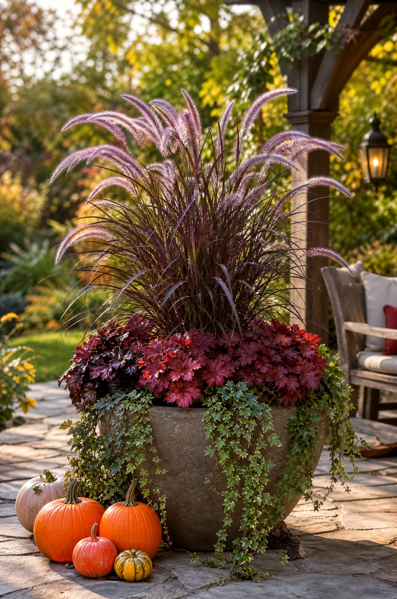 Pumpkin and Purple Fountain Grass Planter Purple fountain grass with orange pumpkins, burgundy heuchera, and trailing ivy in a patio planter
