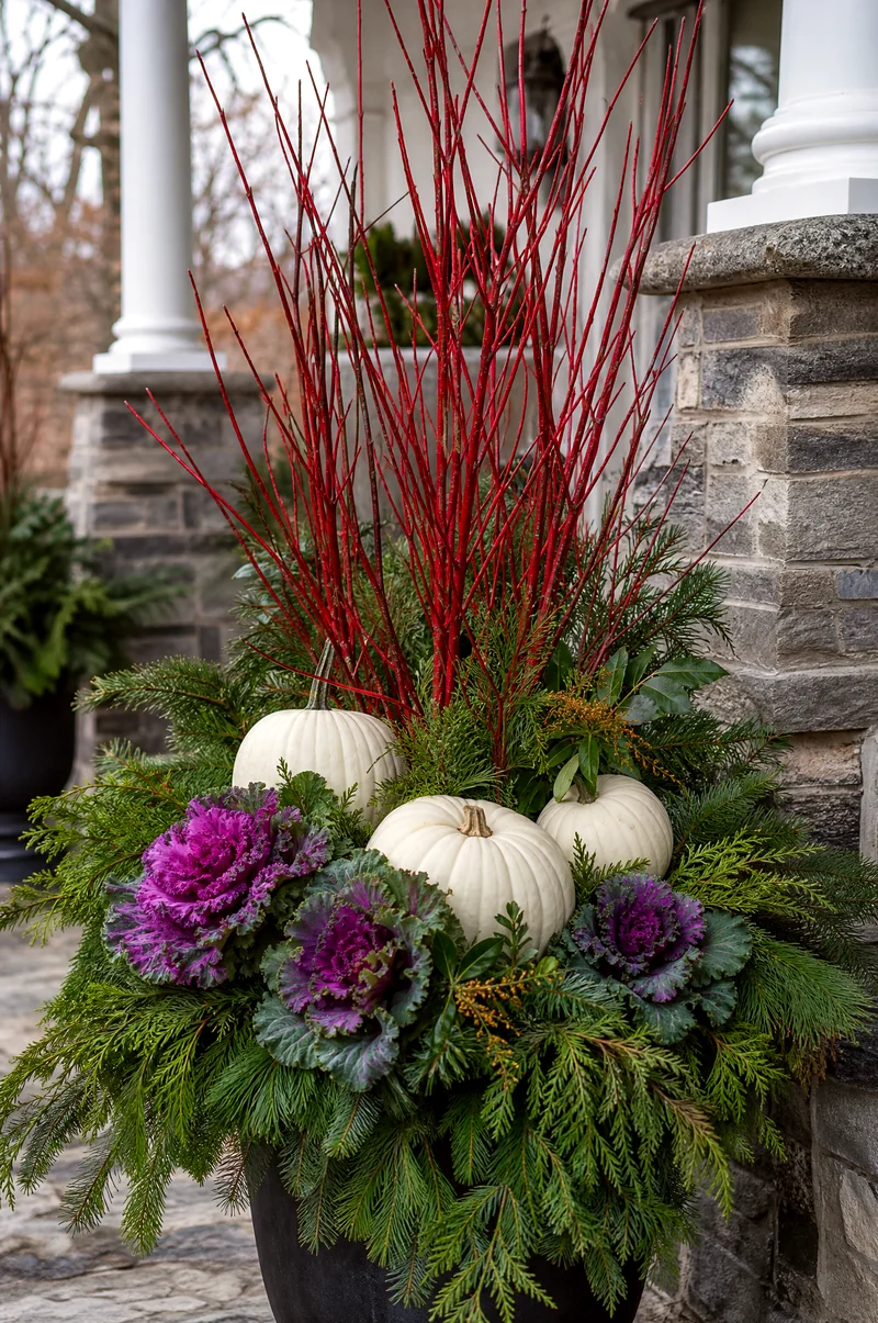 Pumpkin and Red-Twig Dogwood Planter Red-twig dogwood branches above white pumpkins, ornamental kale, and evergreen foliage in a planter