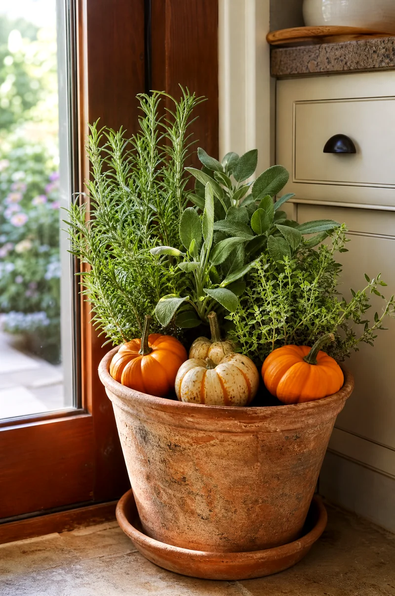 Pumpkin and Rosemary Planter Mini pumpkins around rosemary, sage, and thyme in a terracotta herb planter
