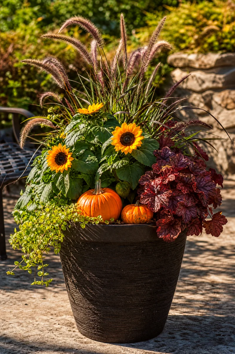 Pumpkin and Sunflower Planter Dwarf sunflowers with orange pumpkins, ornamental millet, and burgundy foliage in a patio planter