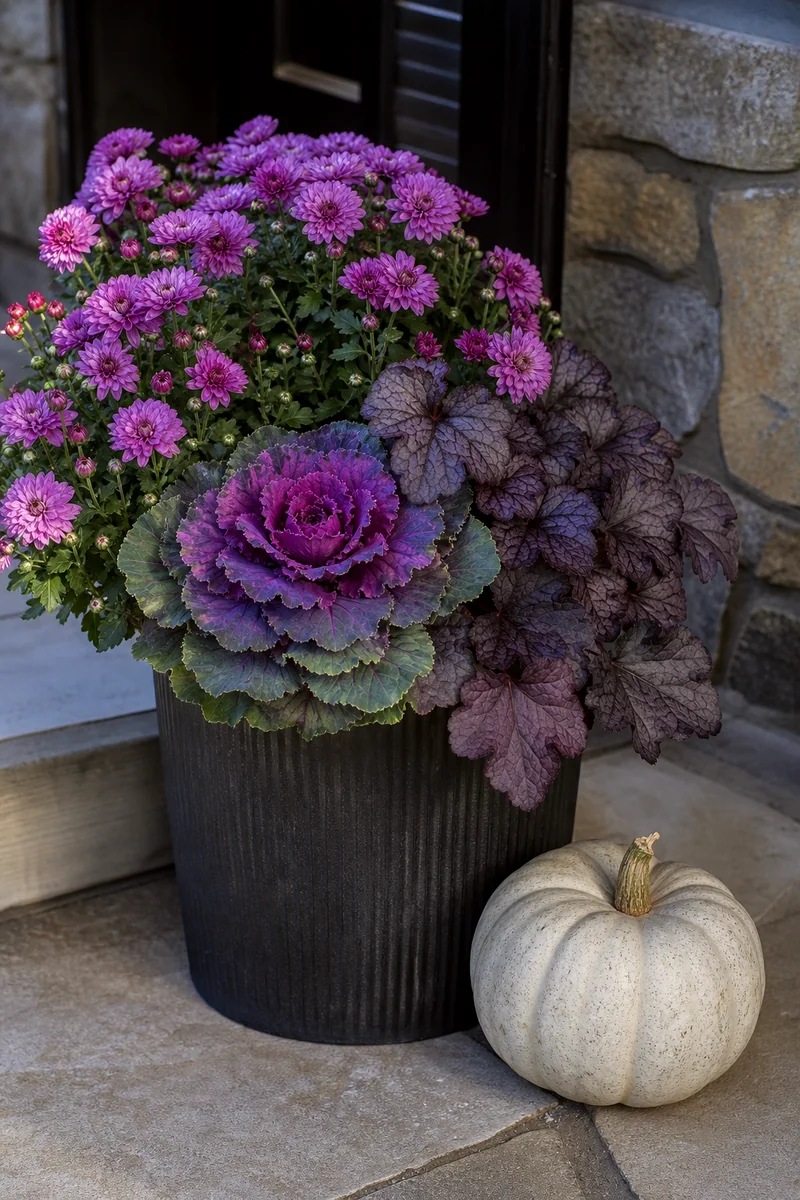 Purple chrysanthemums, ornamental kale, and dark heuchera in a charcoal porch planter