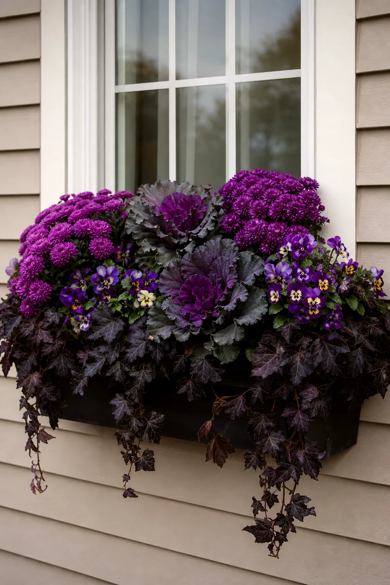 Purple Fall Window Box Purple chrysanthemums, violas, ornamental cabbage, and dark ivy in a fall window box