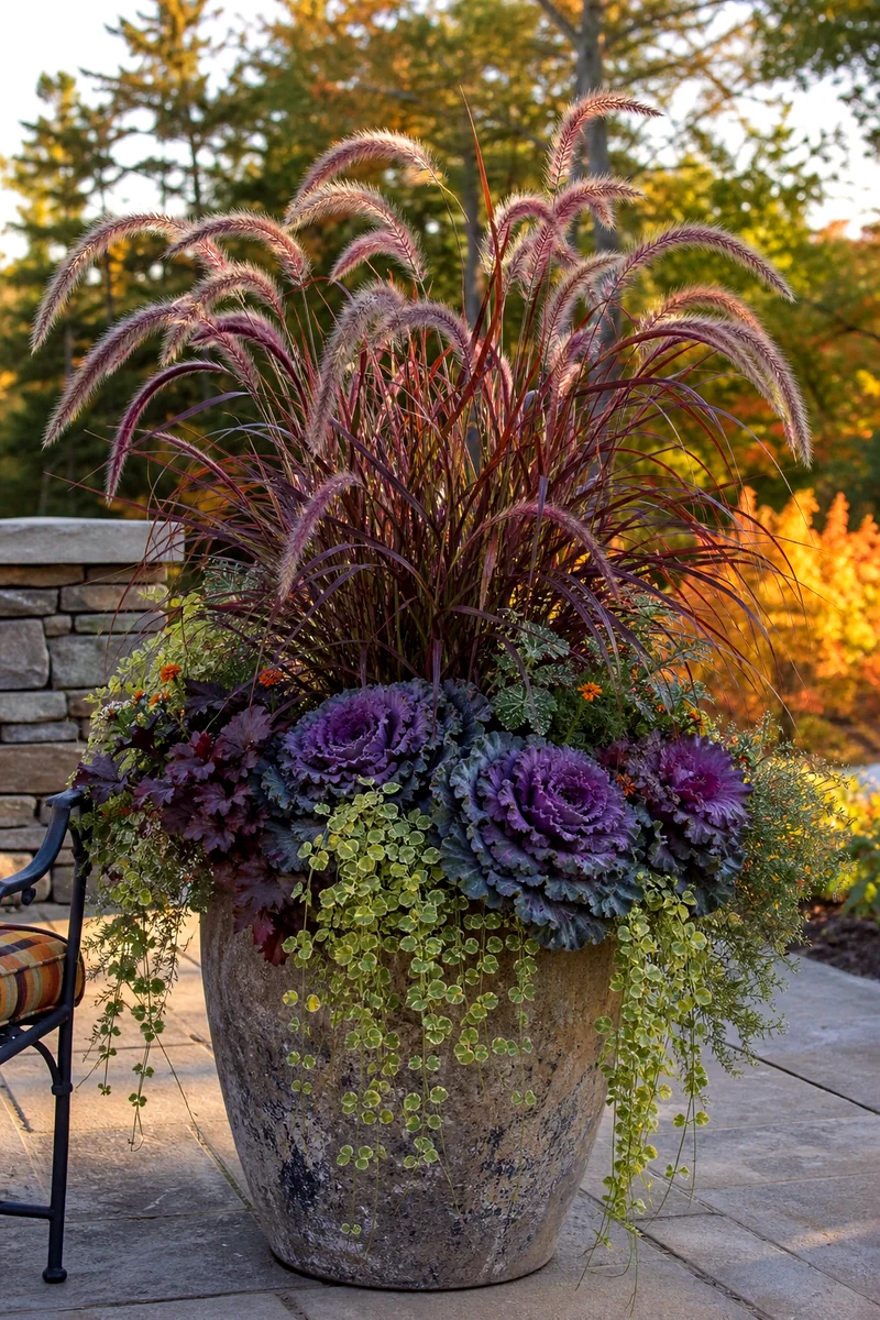 Purple Fountain Grass in a Large Fall Planter Tall purple fountain grass with burgundy blades and soft plumes in a large fall container