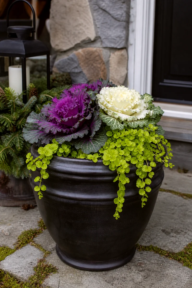 Purple ornamental kale and white cabbage with chartreuse creeping Jenny in a dark planter