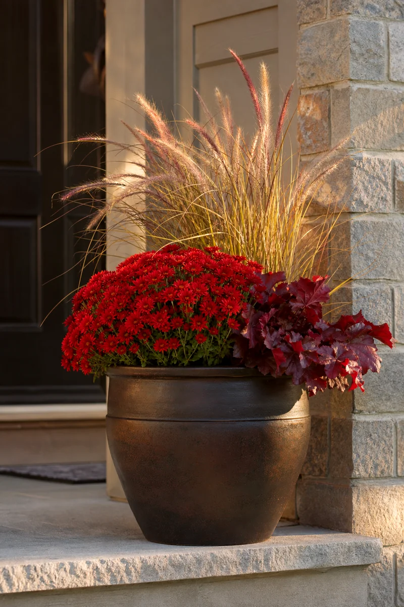 Red mums, golden grasses, and burgundy heuchera in a dark brown pot