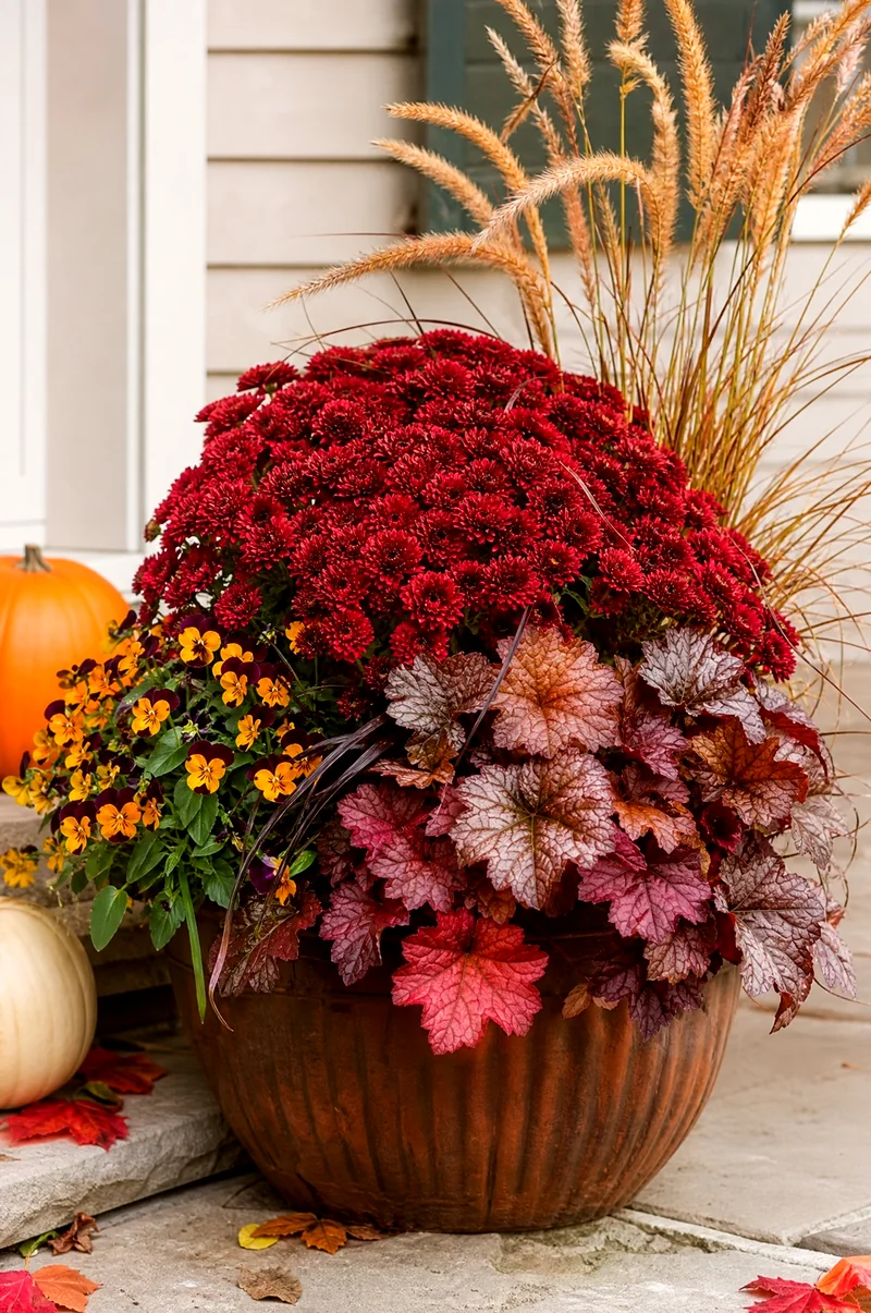 Red and Gold Mum Planter Crimson mums with golden grass, yellow violas, and bronze heuchera