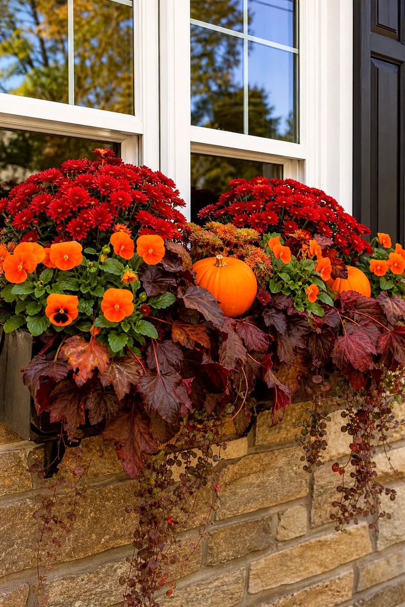 Red and Orange Window Box Red mums, orange pansies, bronze foliage, and small pumpkins in a bright fall window box