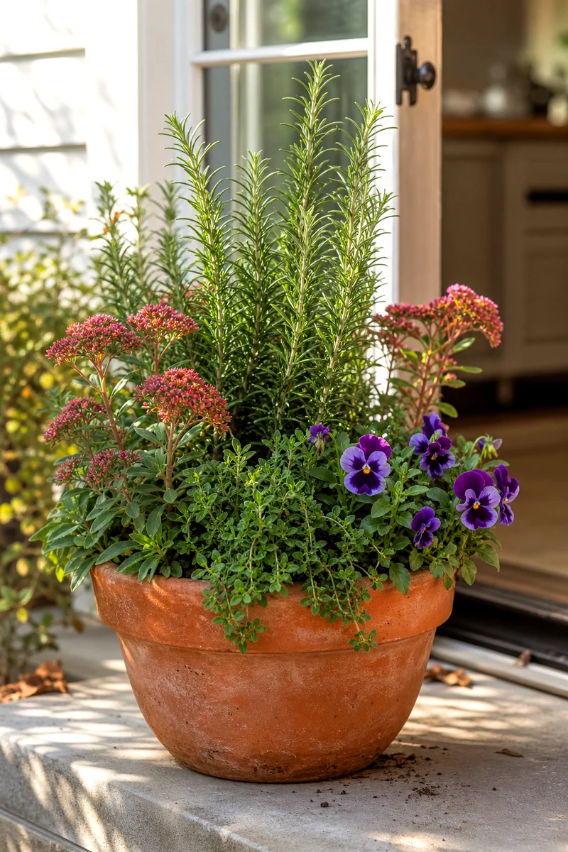 Rosemary Adding Structure to a Fall Container Upright rosemary growing in a sunny fall container with sedum and pansies