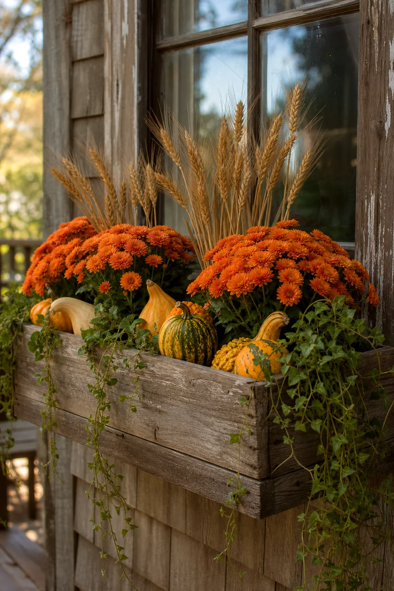 Rustic Farmhouse Window Box Orange mums, wheat stems, gourds, and trailing greenery in a weathered wooden window box