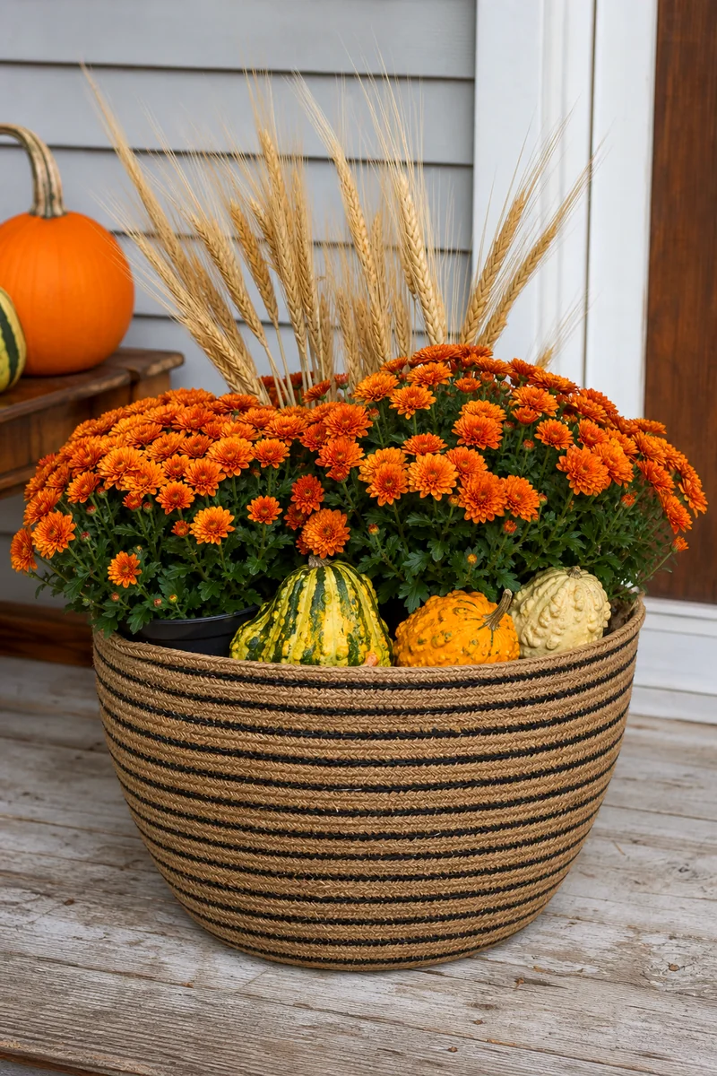 Woven basket holding orange mums, gourds, and wheat stems on a porch