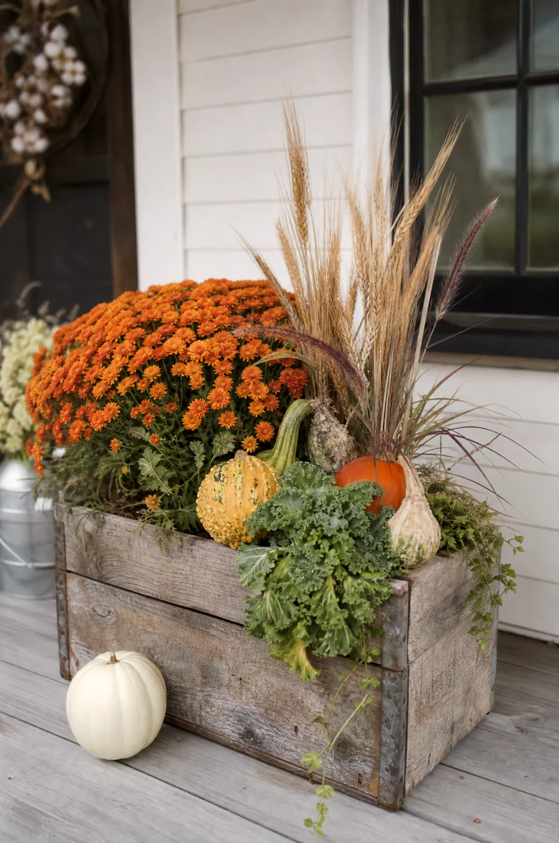 Rustic Harvest Wooden Planter Wooden planter with orange mums, wheat stems, gourds, and ornamental grasses