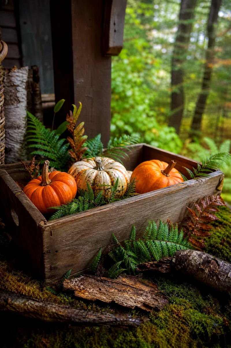 Rustic Pumpkin and Fern Planter Small pumpkins on moss with autumn ferns and branches in a weathered wooden planter