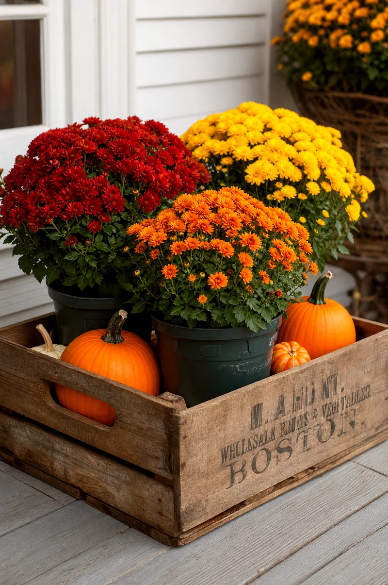 Rustic Wooden Crate Mum Display Small pots of red, orange, and yellow mums arranged in a wooden crate with pumpkins