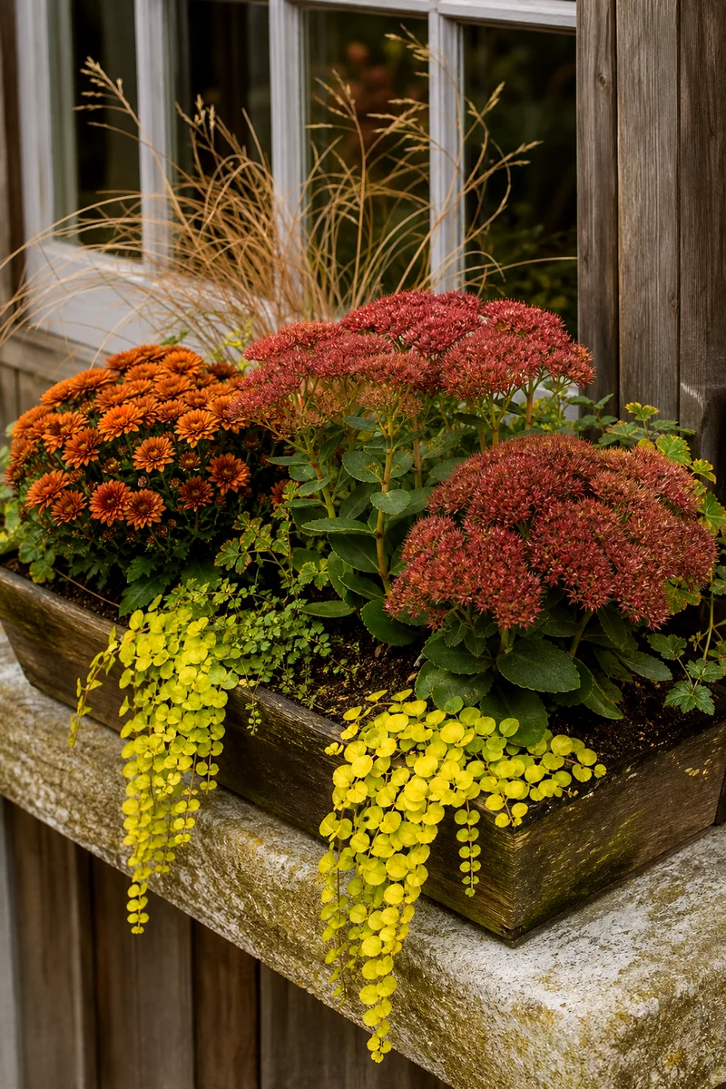 Sedum and Mum Window Box Autumn sedum, bronze mums, grasses, and creeping Jenny in a fall window box